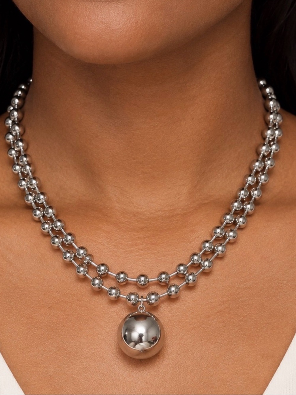 Chunky Silver Double Strand Ball Necklace with Pendant